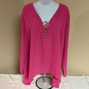 4/$15 NY Collection Fuchsia V-Neck Blouse with Ring Details